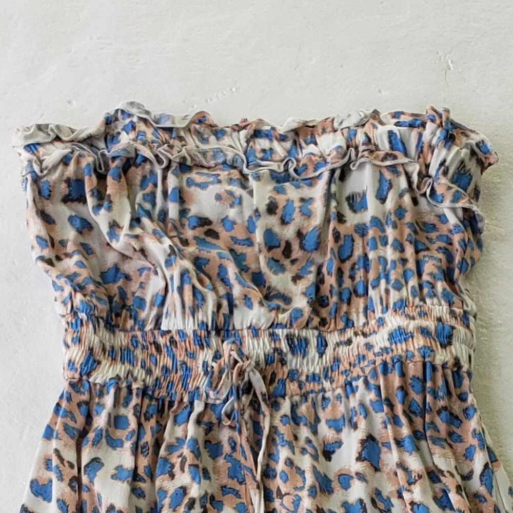 Strapless sun dress with a blue and tan animal print  Size Small - Picture 3 of 8